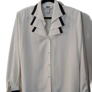 NWT E.K. Designs Women's Long Sleeve Ivory Blouse with Black Trim – Size 10